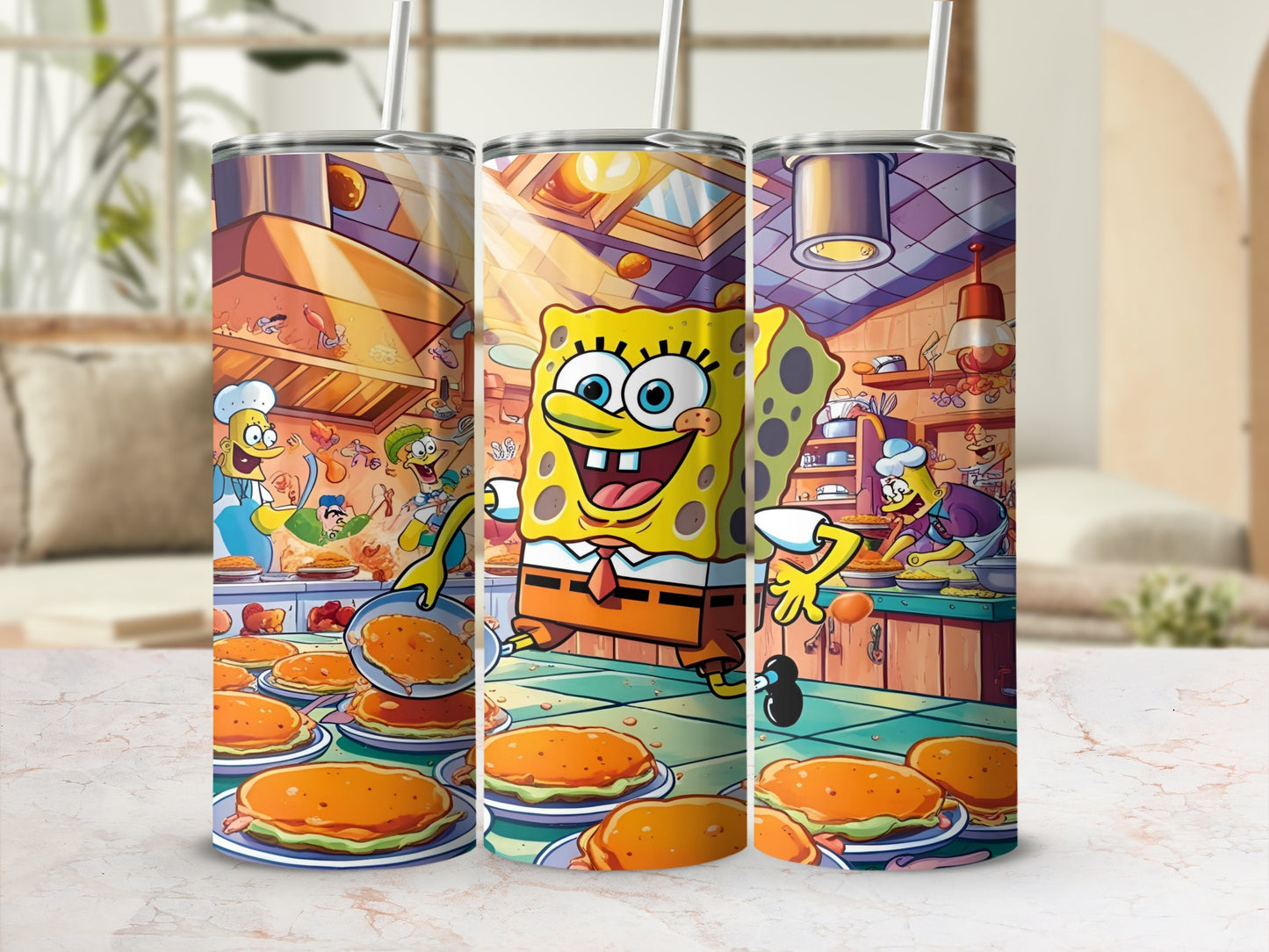 SpongeBob SquarePants making Krabby Patties in a kitchen setting.