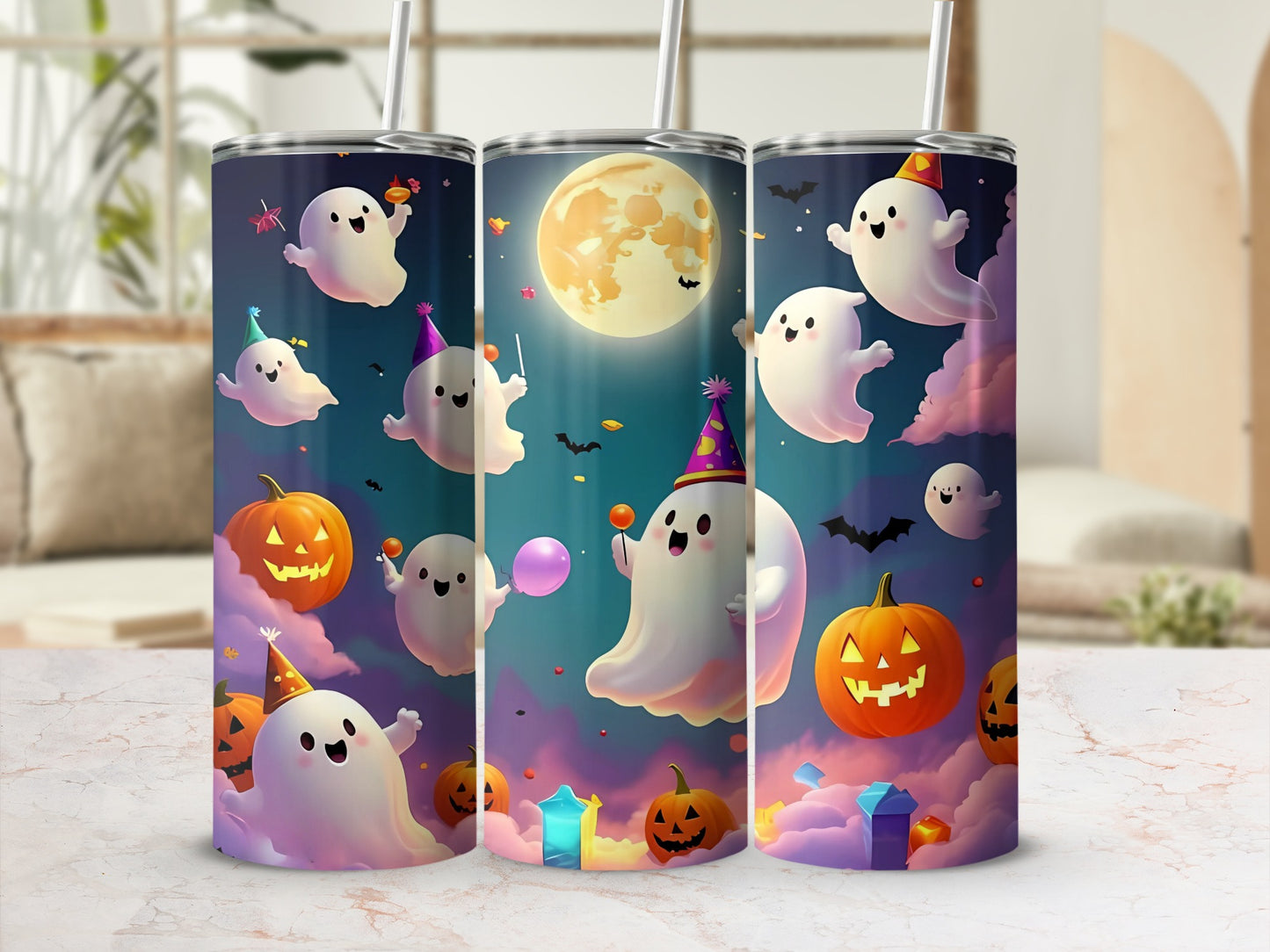 Tumbler with cartoon ghosts, pumpkins, and a full moon on a purple, blue, and pink background.