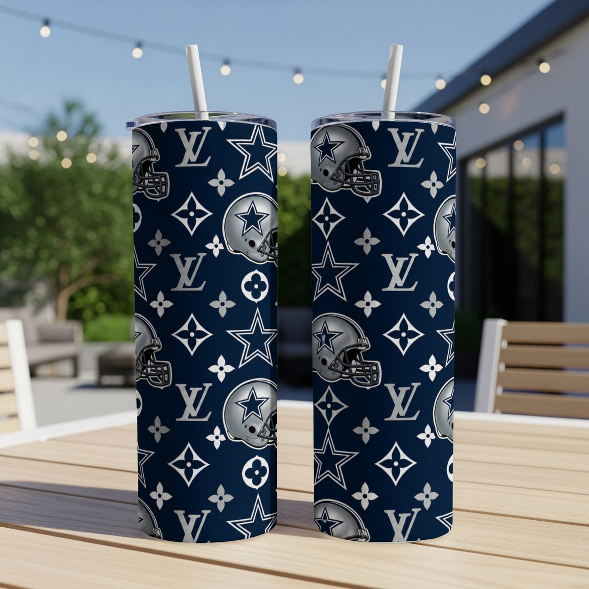 Dallas Cowboys helmets and stars pattern on navy blue tumblers.