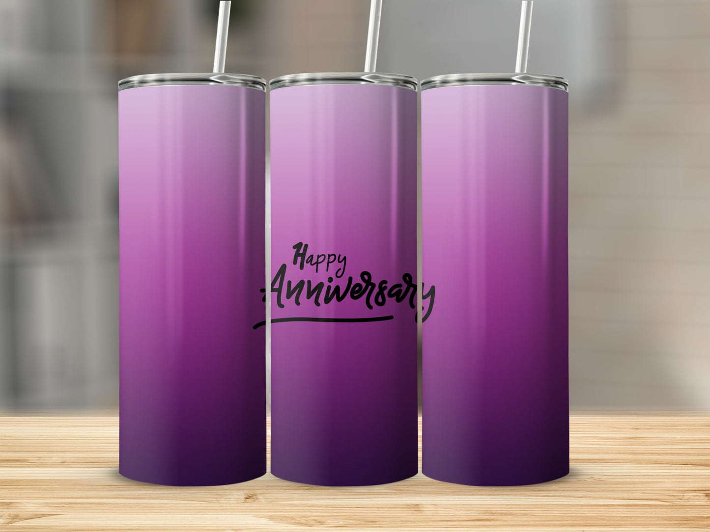 Purple ombre tumbler with "Happy Anniversary" text.