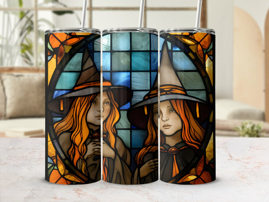 Three tumblers with stained glass witch design.