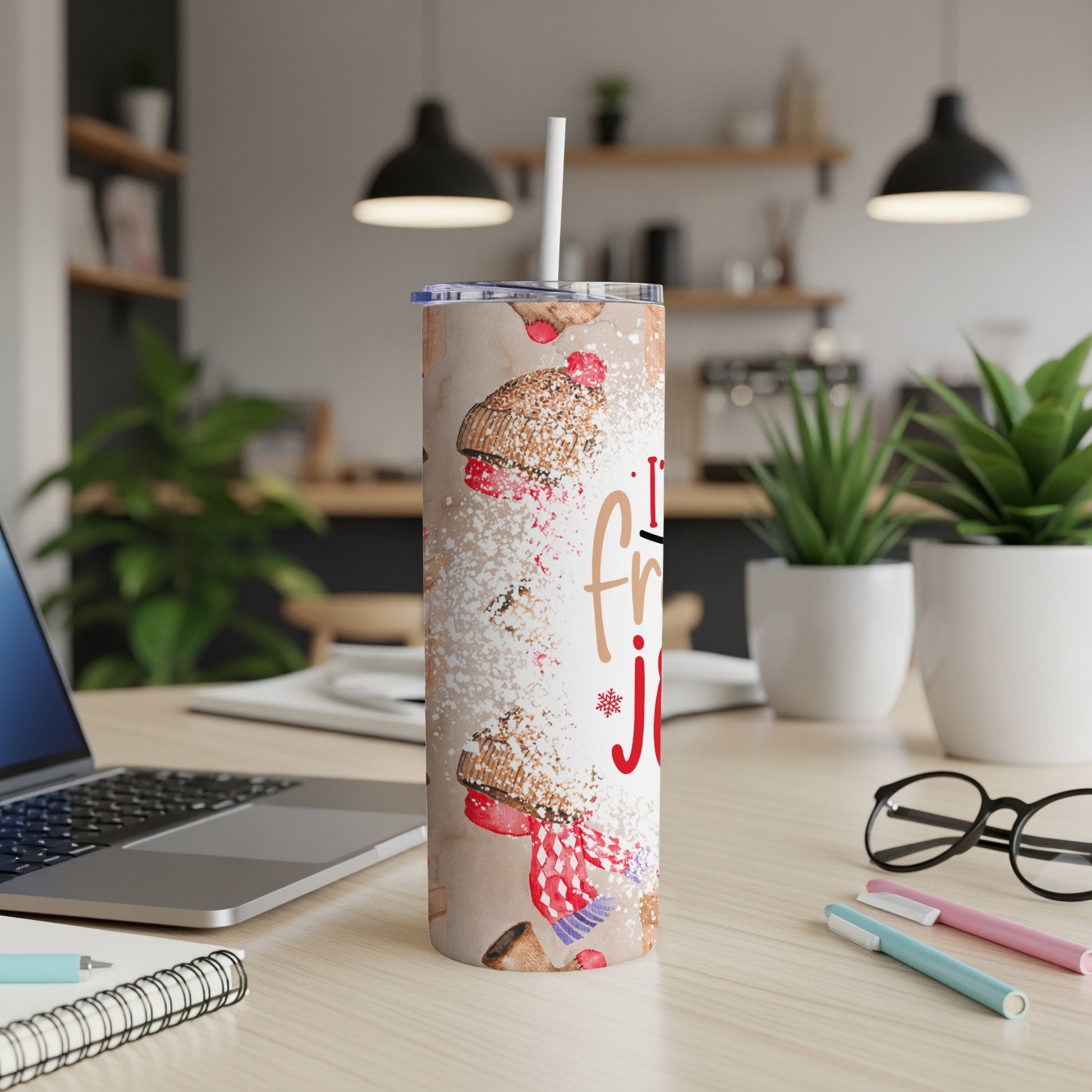 Fries and Joy tumbler with snowflake and red scarf design.