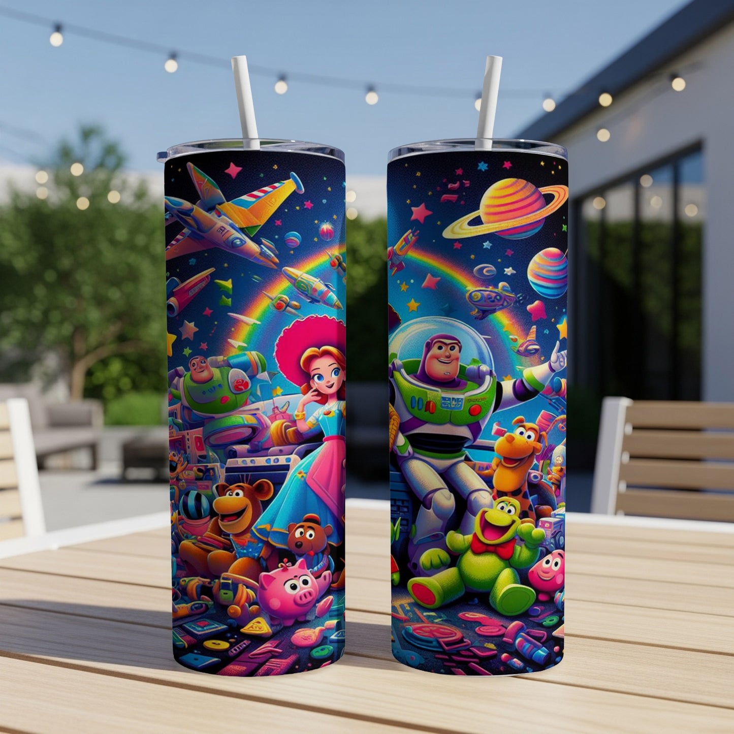 Buzz Lightyear and Bo Peep with Toy Story characters on a colorful galaxy tumbler.