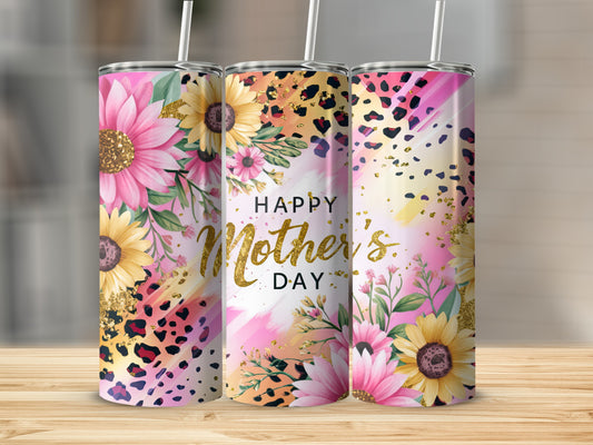 Three pink tumblers with sunflowers, leopard print, and "Happy Mother's Day" text.