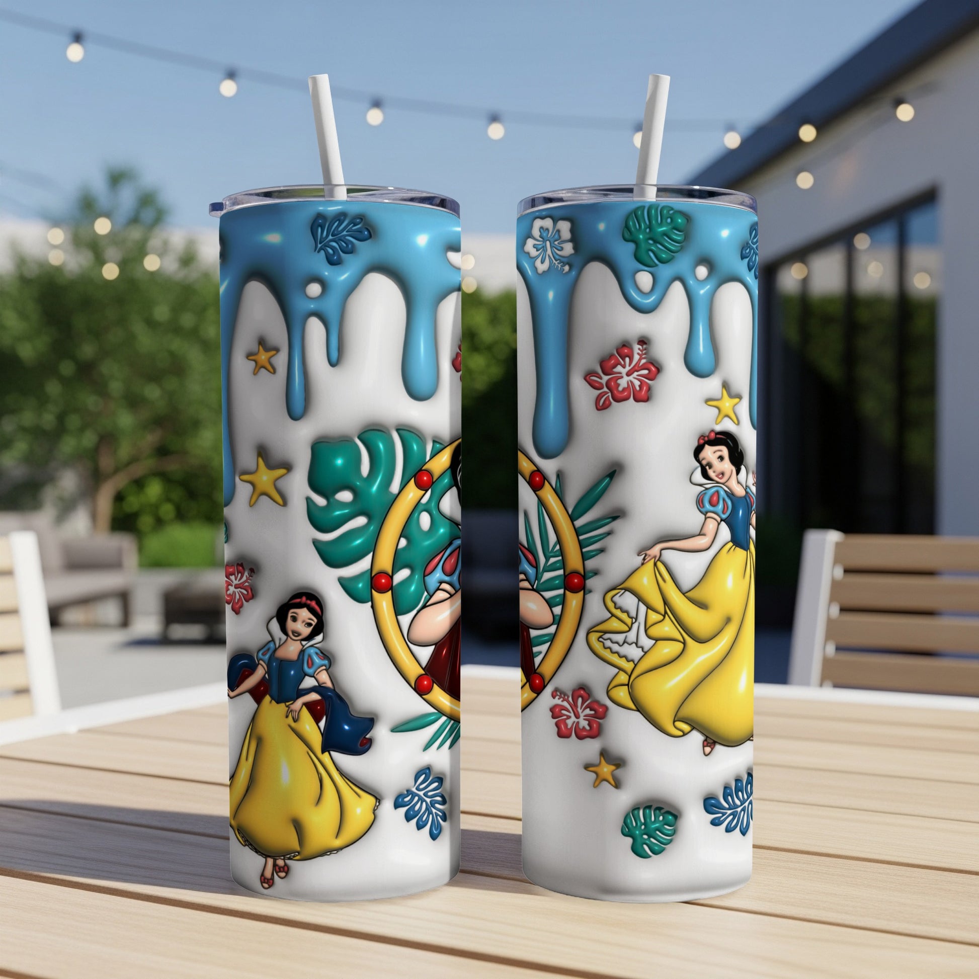 Snow White character design on white skinny tumblers with blue drip accents.