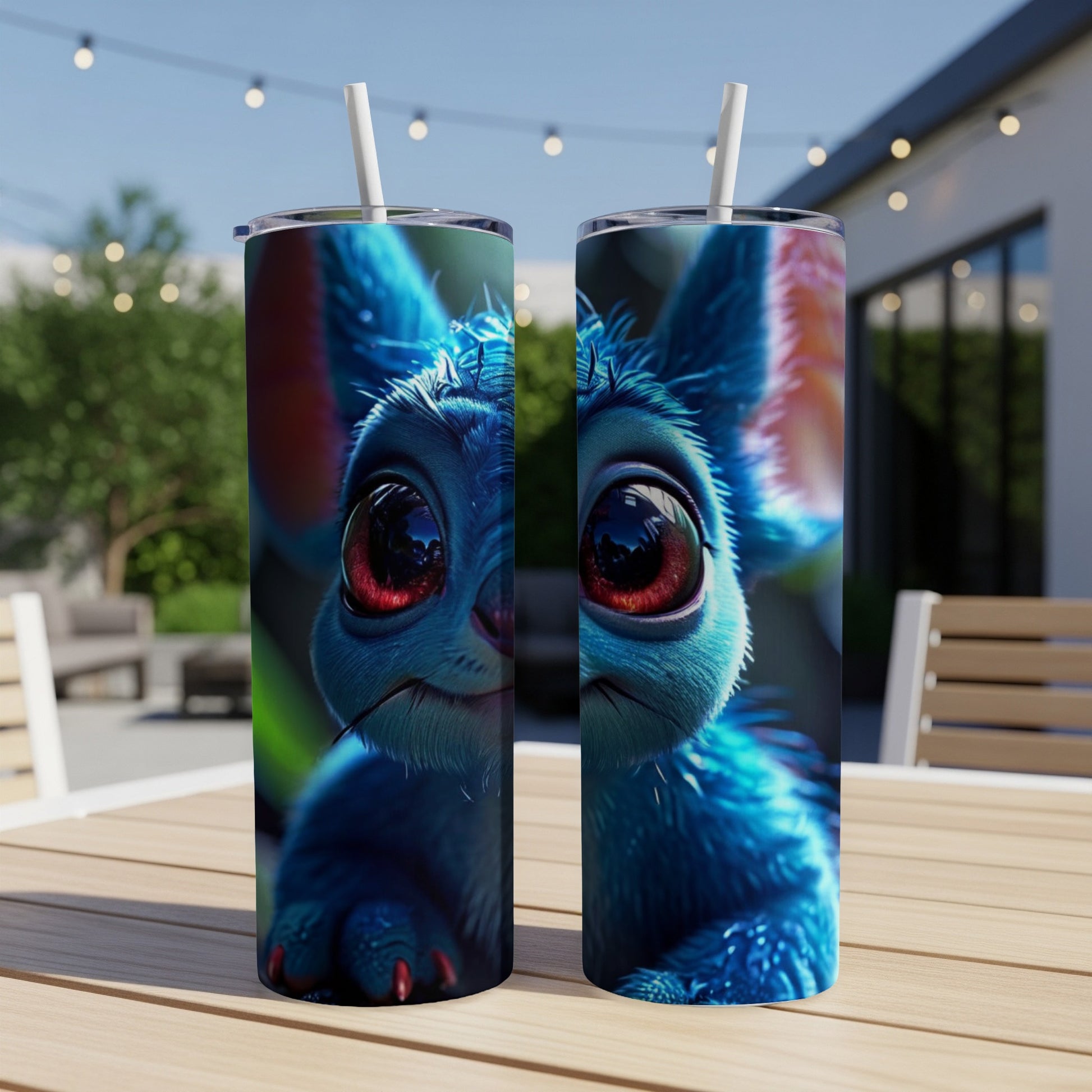 Two blue fuzzy creatures with large red eyes on tumblers.