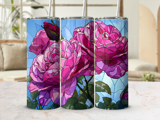 Three stainless steel tumblers with a stained glass rose design.