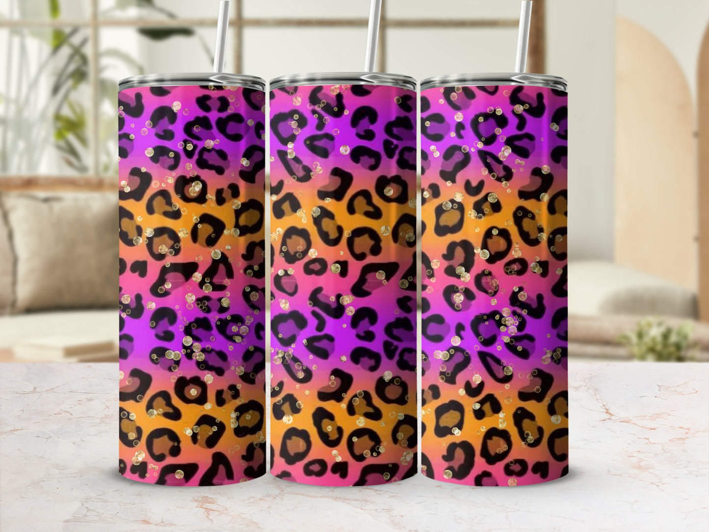 Vibrant Leopard Print Gradient Tumbler with Straw