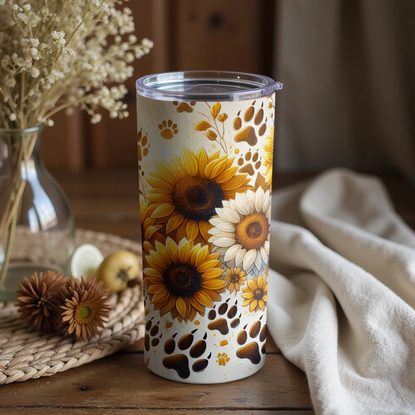 Sunflower and Paw Prints Pattern Insulated Tumbler