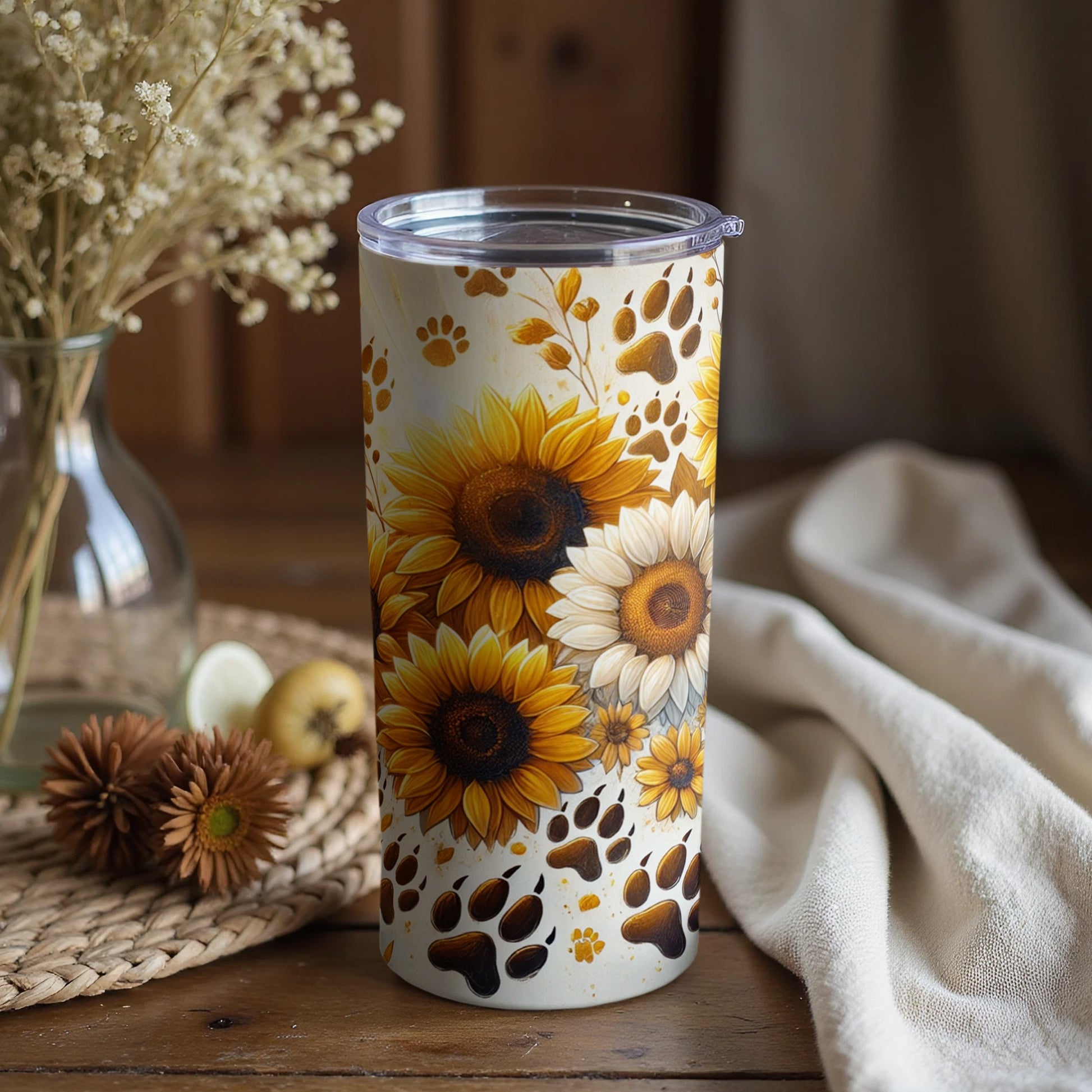 Sunflower and Paw Prints Pattern Insulated Tumbler
