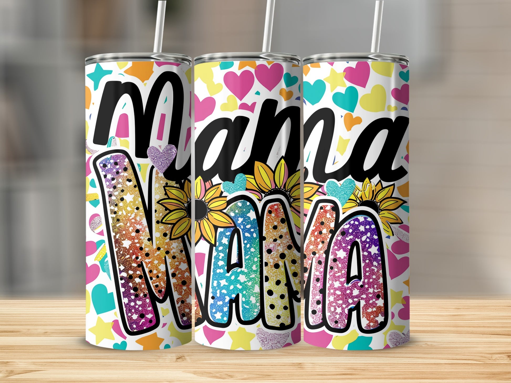 Colorful Mama Design with Hearts and Glitter Tumbler
