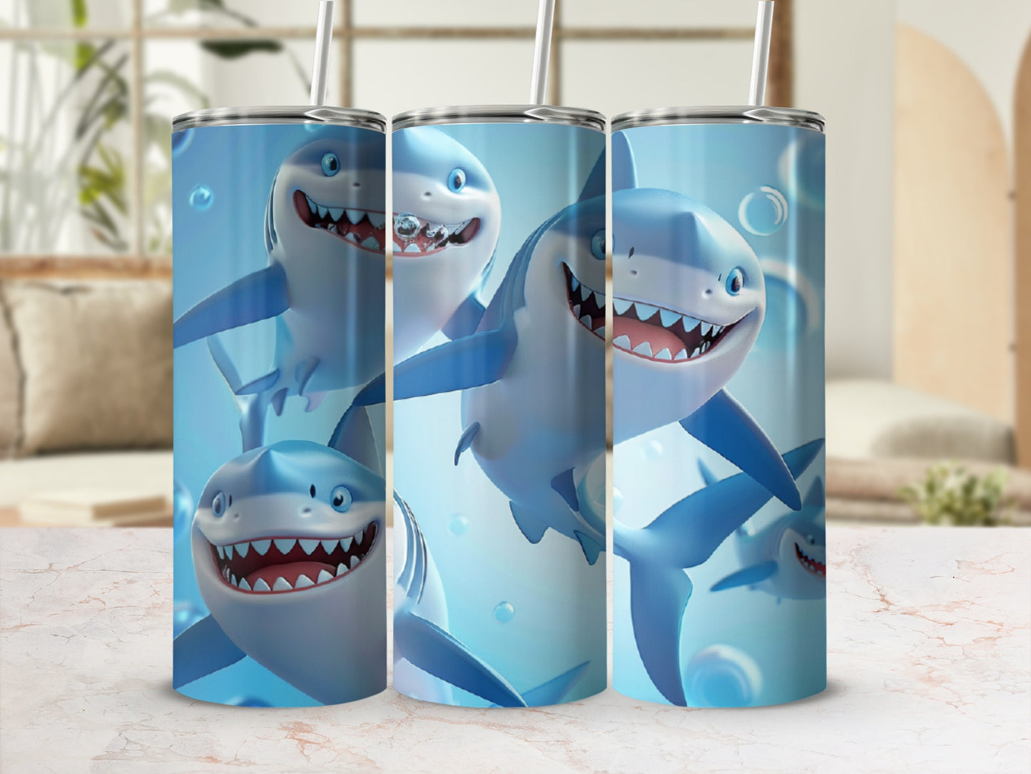 Three cartoon sharks with wide smiles and straws on a blue, bubbly background.