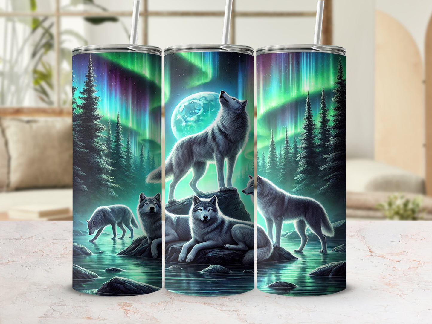 Wolves Aurora Borealis Northern Lights Design Tumbler