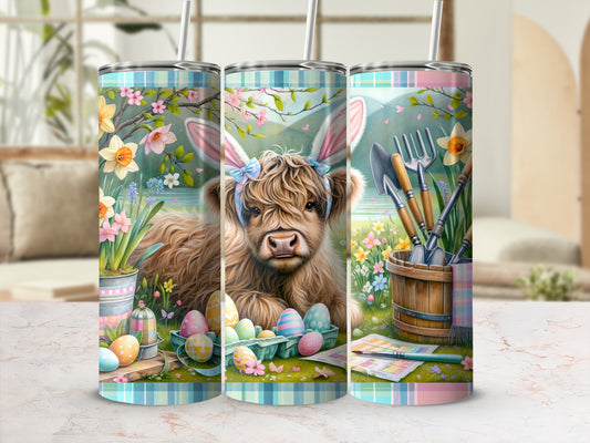 Highland cow with Easter bunny ears, surrounded by spring flowers and gardening tools.