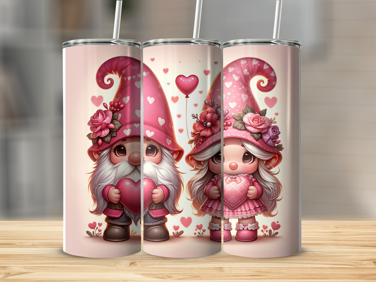 Two gnomes with pink hearts and balloons, one male, one female.