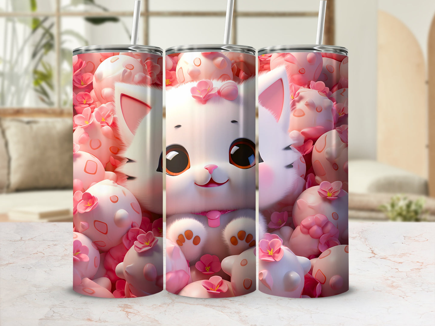 Adorable Pink Cat Floral Sphere Pattern Tumbler product type