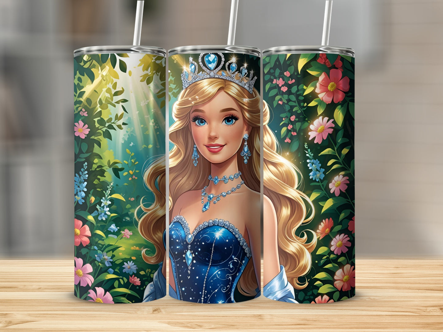Barbie princess in a blue gown with a crown, surrounded by floral garden.