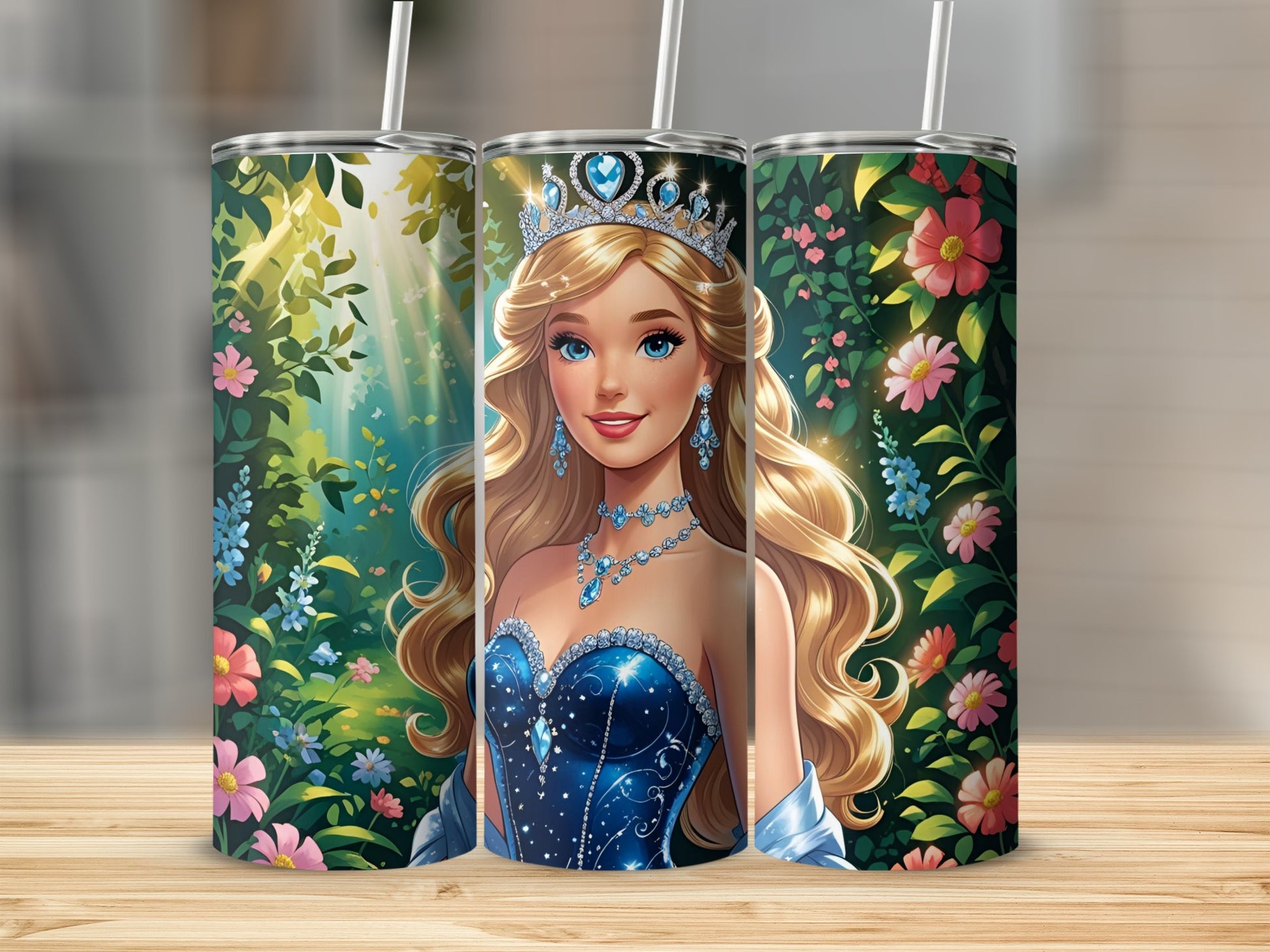 Barbie princess in a blue gown with a crown, surrounded by floral garden.