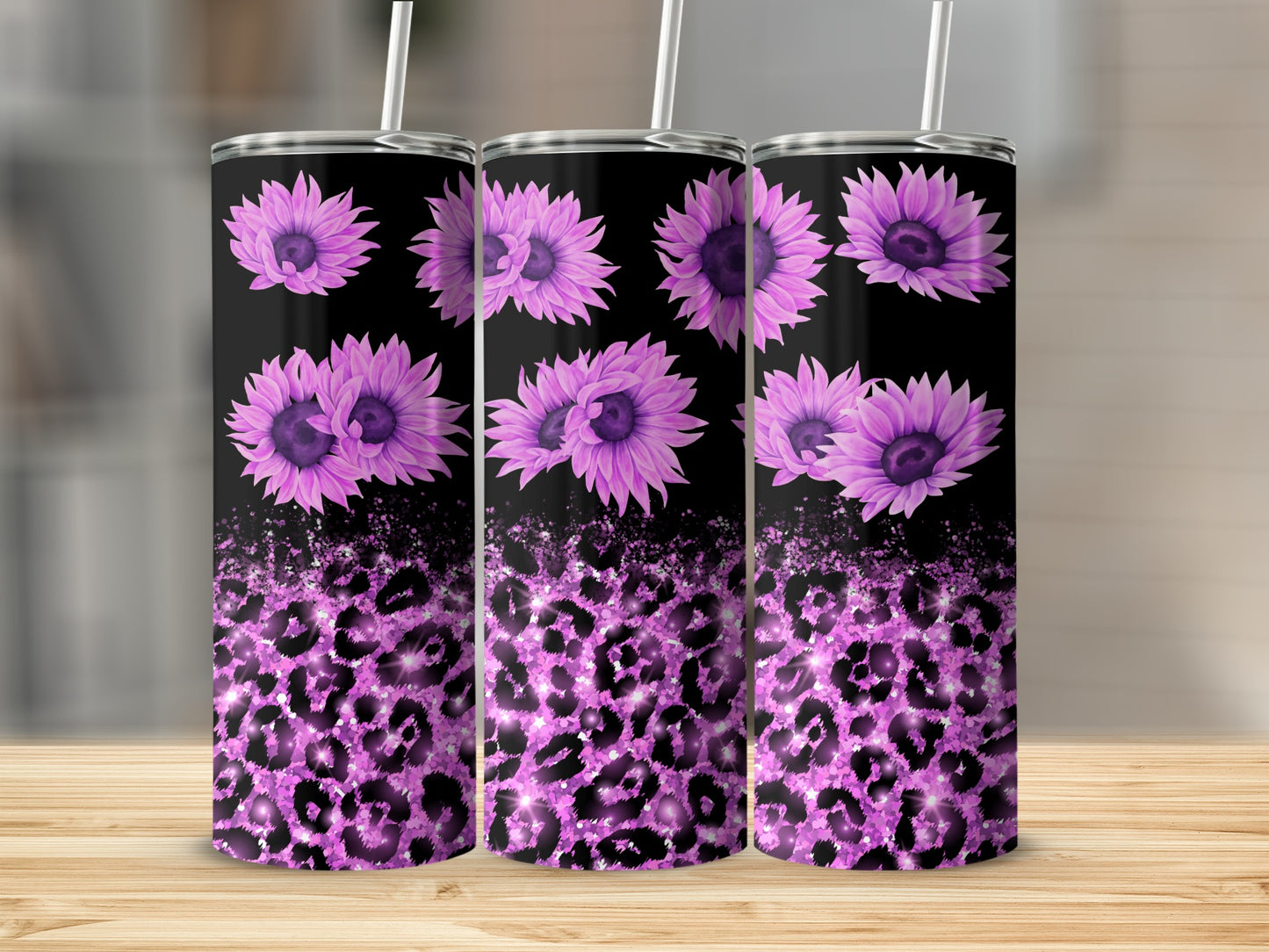 Black tumbler with purple sunflowers and pink leopard print.