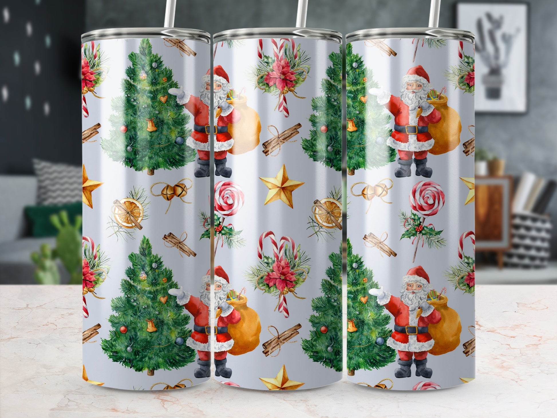 Santa Claus and festive Christmas patterns on a white tumbler.