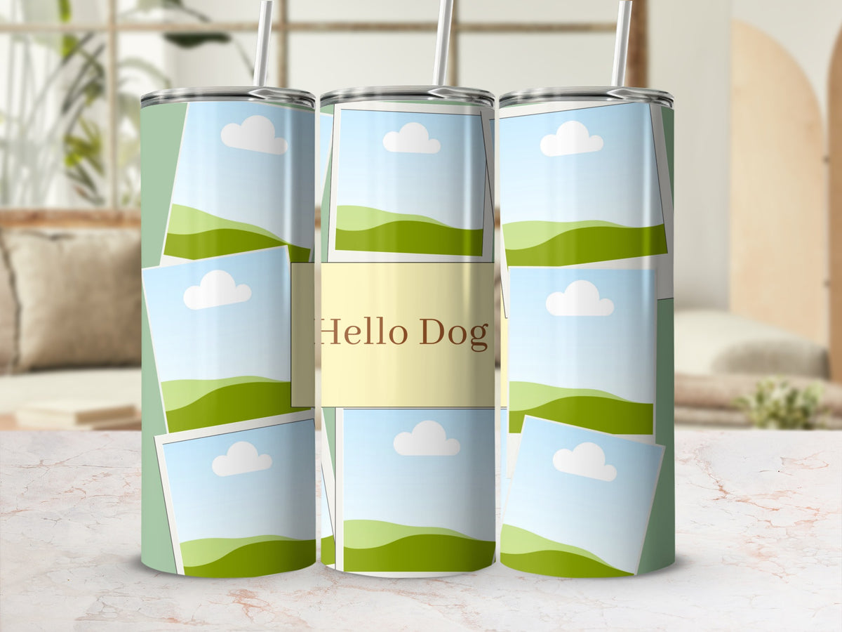 Three tumblers with landscape photos and "Hello Dog" text.