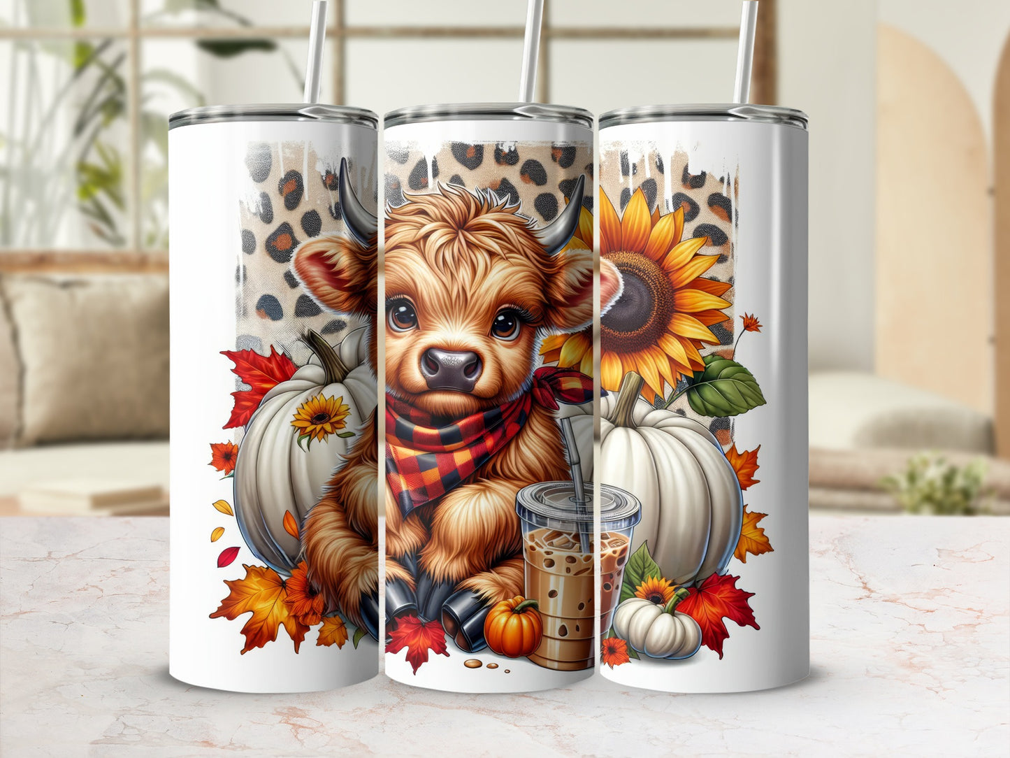 Cow and sunflower tumbler with pumpkins and autumn leaves.