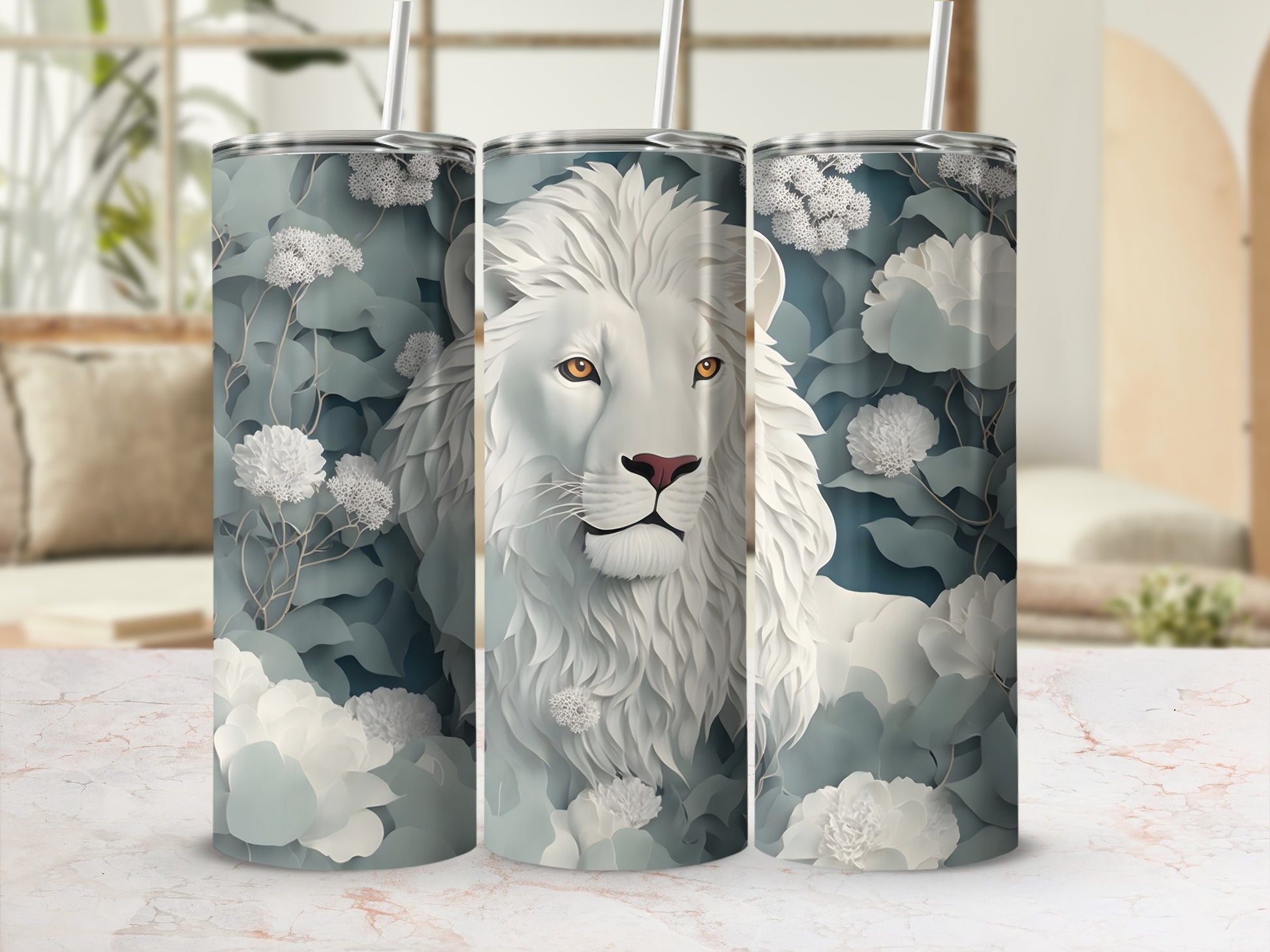 White lion with floral pattern on a tumbler.