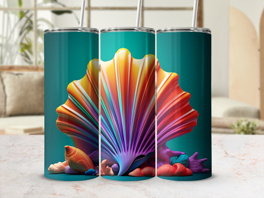 Tall tumbler with vibrant abstract seashell and coral design.