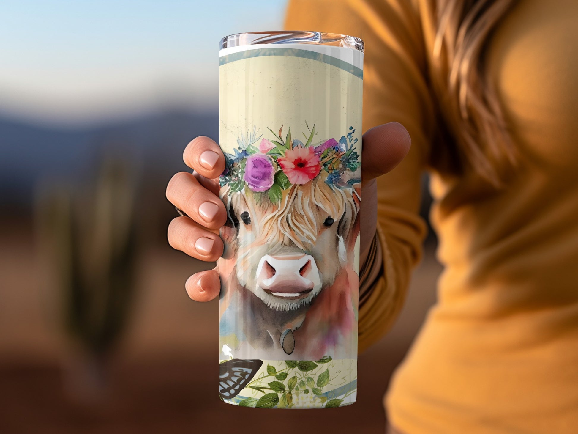 Highland Cow Tumbler with Floral Crown Detail