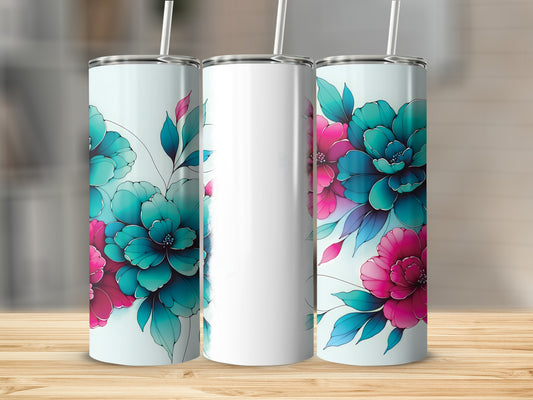 Two tumblers with floral designs featuring teal and pink flowers, side by side.