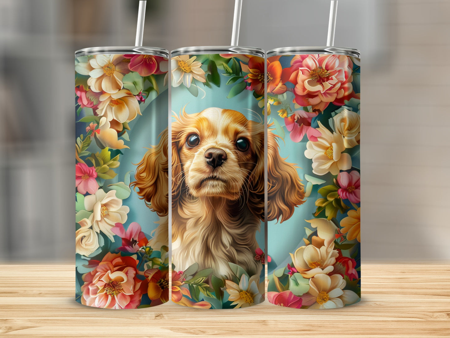 Cavalier King Charles Spaniel puppy surrounded by a floral frame on a tumbler.