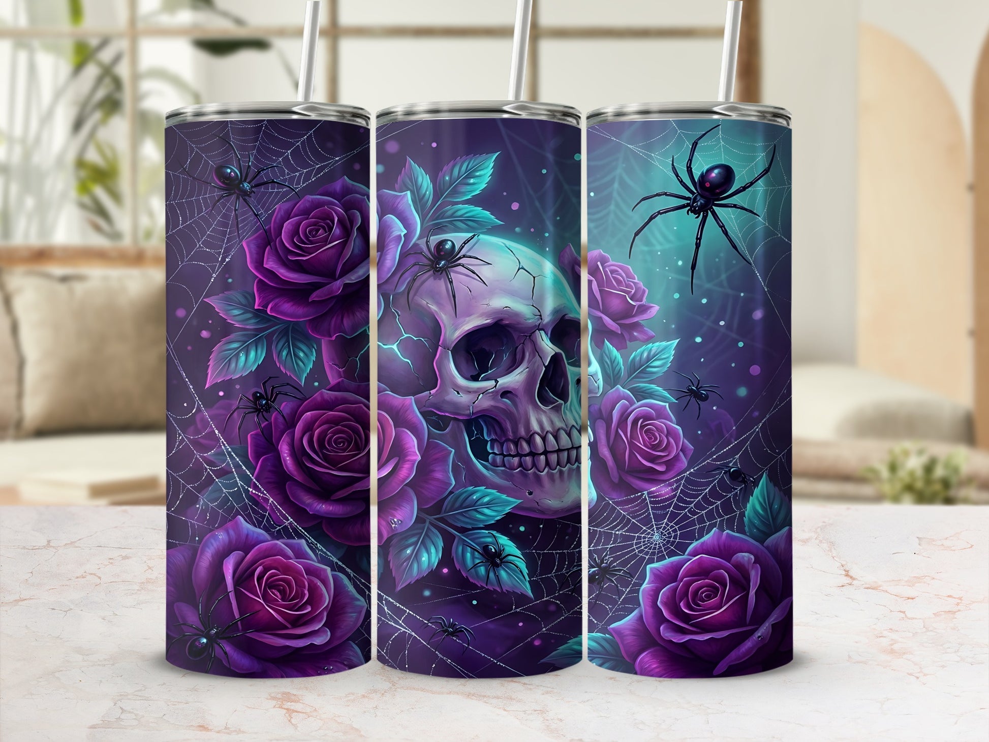 Purple roses, spiderwebs, and a skull with spiders on a tumbler.