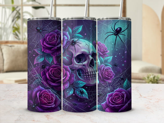 Purple roses, spiderwebs, and a skull with spiders on a tumbler.