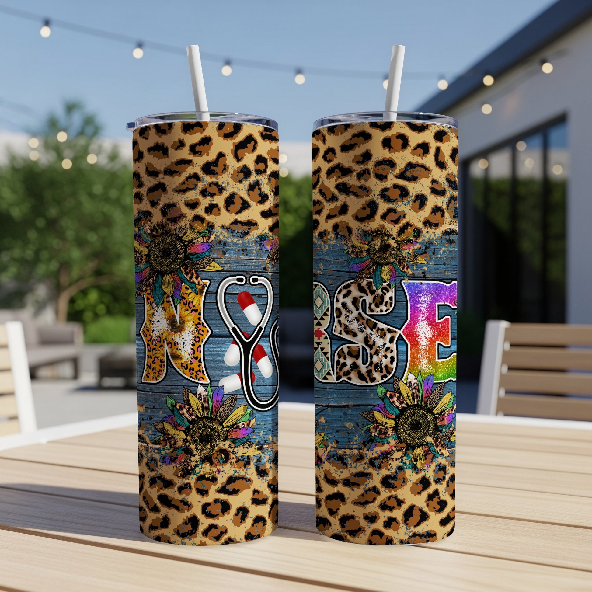 Two tumblers with leopard print and "RN" or "Nurse" lettering, sunflowers, and stethoscope.