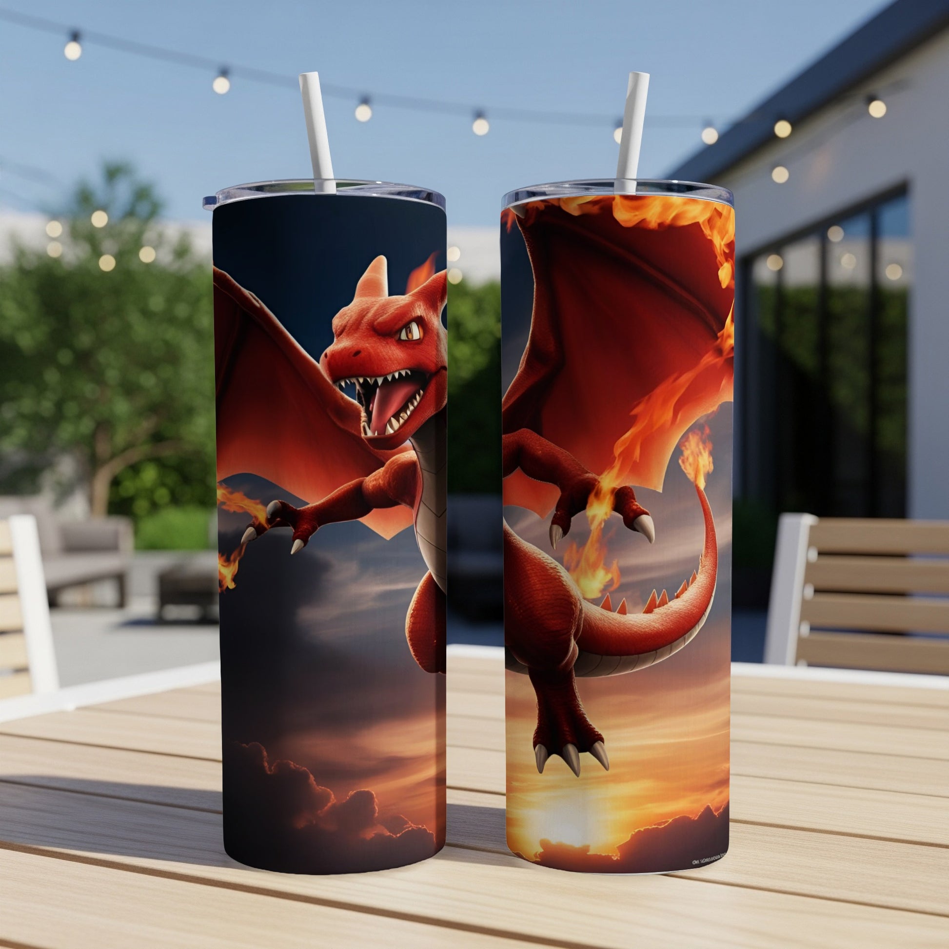 Red dragon with orange wings breathing fire, against a cloudy sunset.