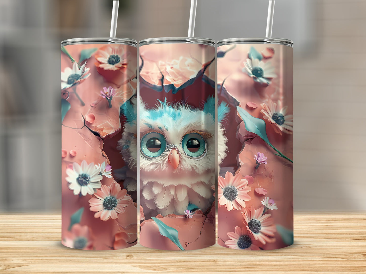 Cute owl with wide blue eyes peeking through cracked pink surface with flowers.
