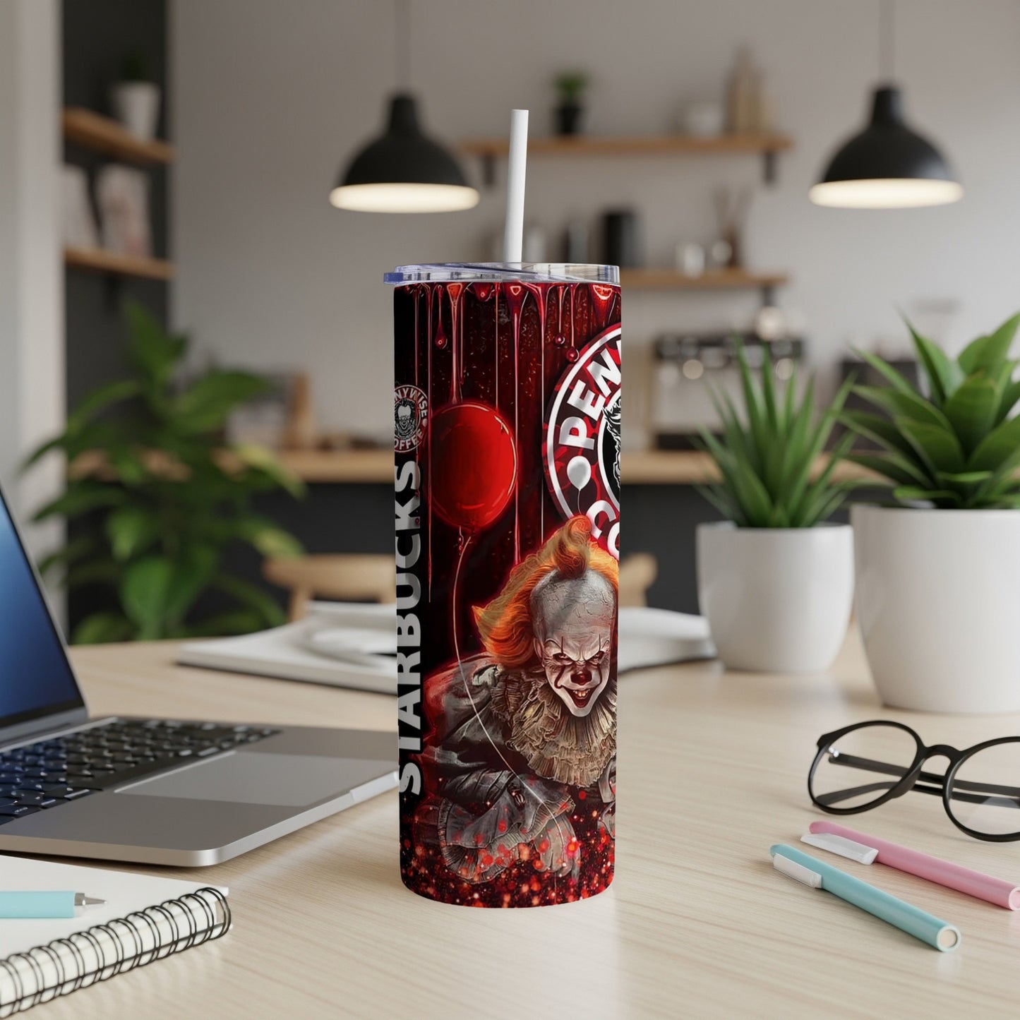 Starbucks-themed Pennywise clown tumbler with red balloons and coffee logo.