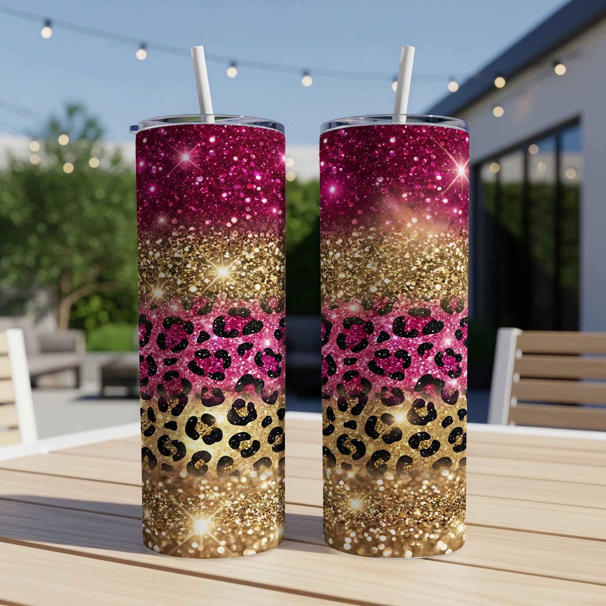 Two pink and gold glitter tumblers with leopard print pattern on a table.