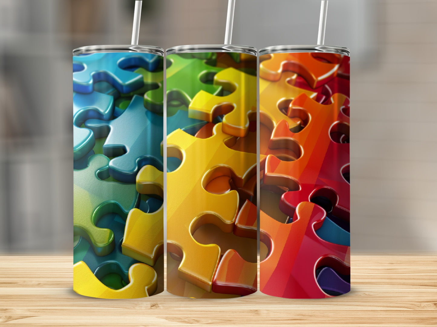 Three colorful puzzle piece tumblers with straws on a wooden surface.
