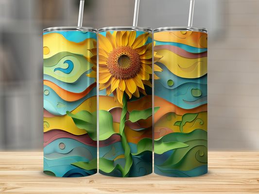 Three tumblers featuring a sunflower and colorful wavy abstract art design.