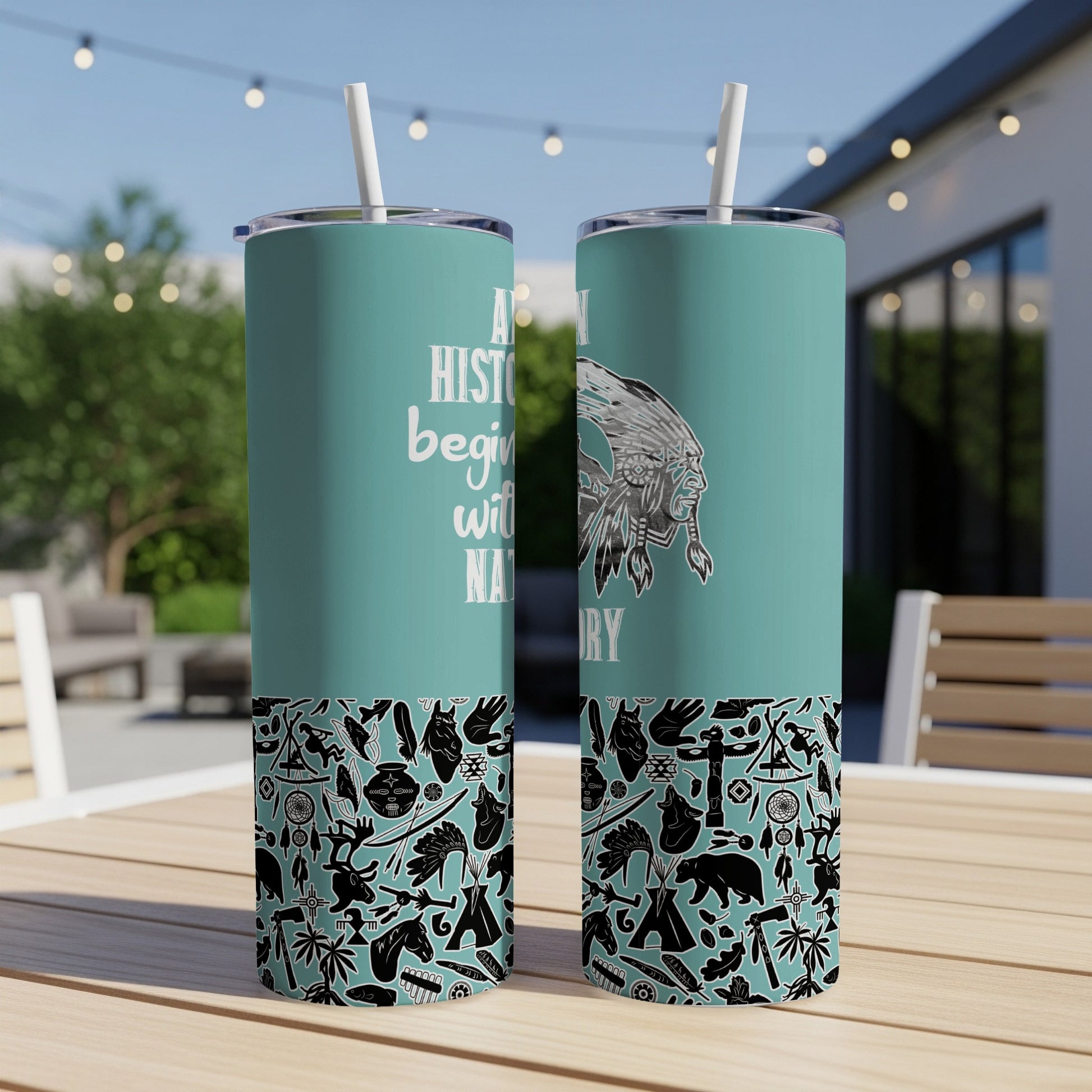 Two tumblers with Native American art and text reading "History begins with Native".