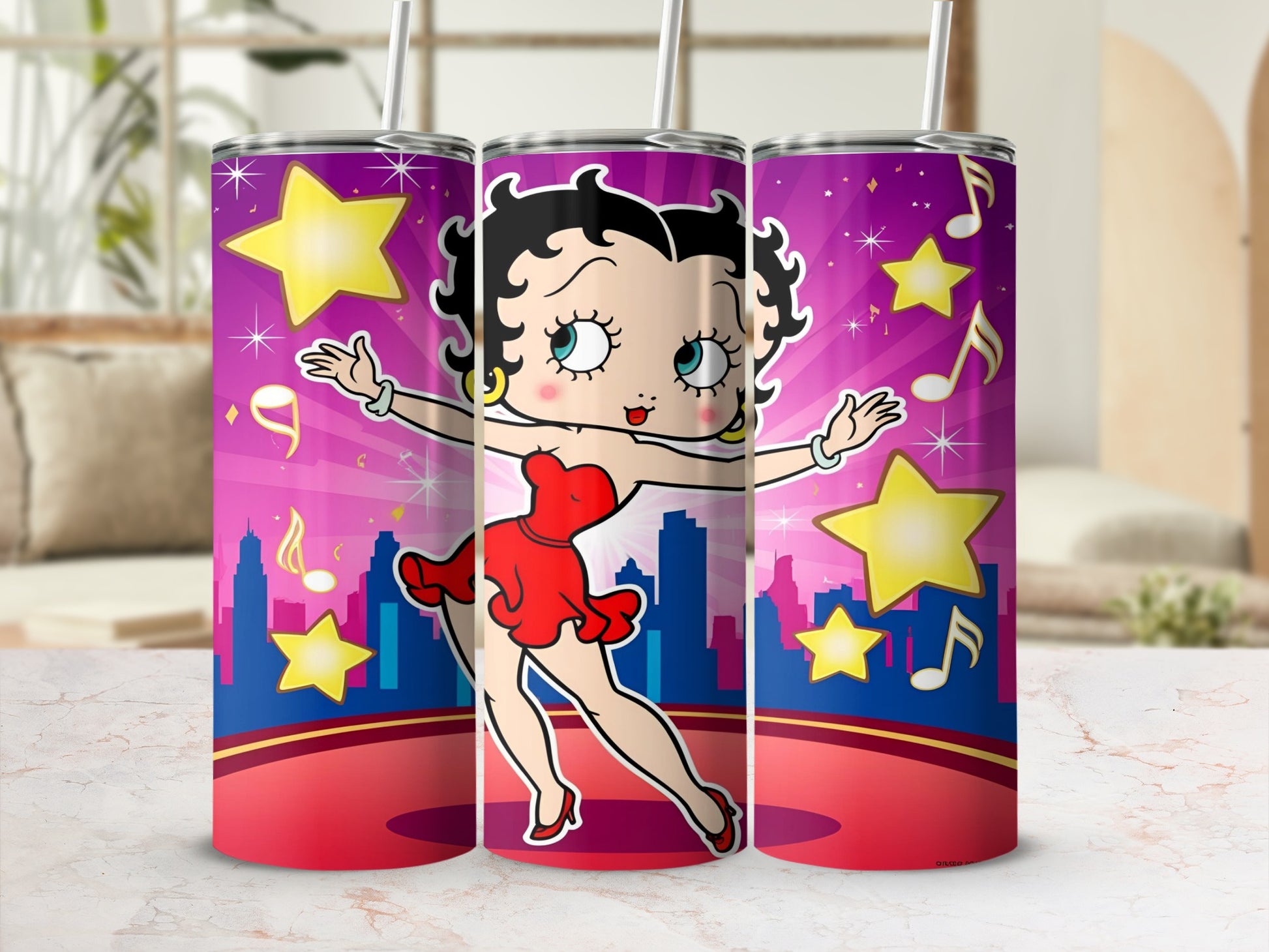 Betty Boop dancing in a red dress with stars and city skyline background.