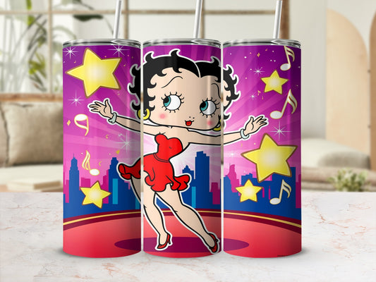 Betty Boop dancing in a red dress with stars and city skyline background.