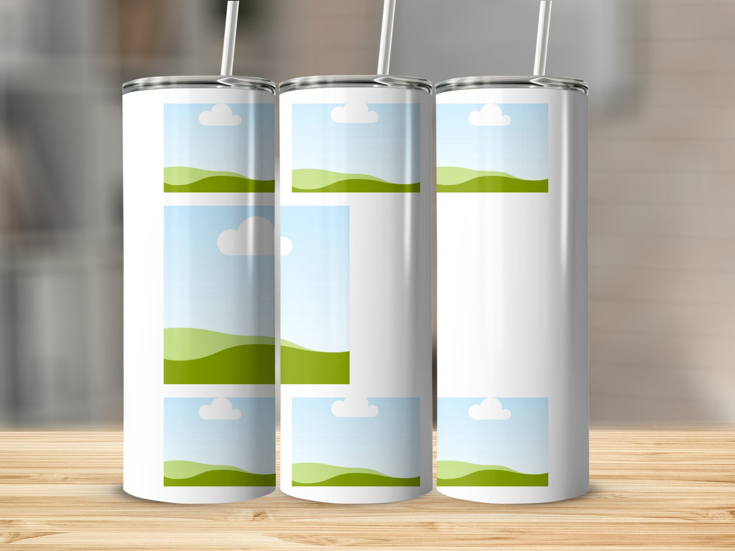 Three white tumblers with straws, featuring placeholder image frames of a landscape.