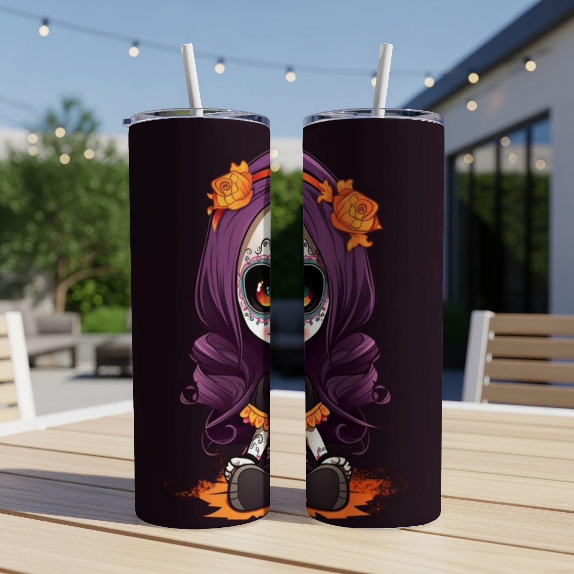 Two tumblers feature a Dia de los Muertos inspired character with purple hair and floral accents.