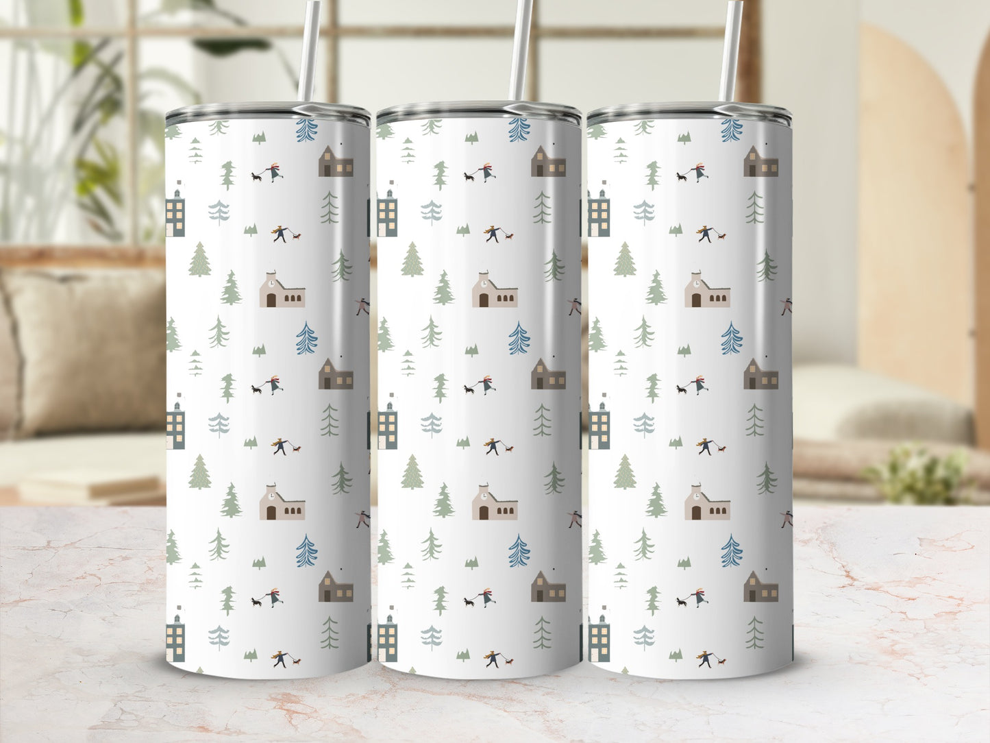 Winter village scene on a white tumbler with trees, houses, and people.