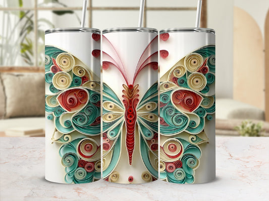 Three tumblers featuring a colorful quilled paper butterfly design.