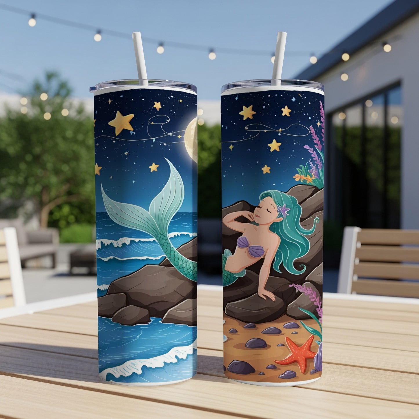 Two tumblers with a mermaid and starry night design.