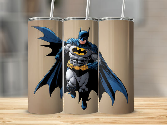 Batman in dynamic pose on a tan background.