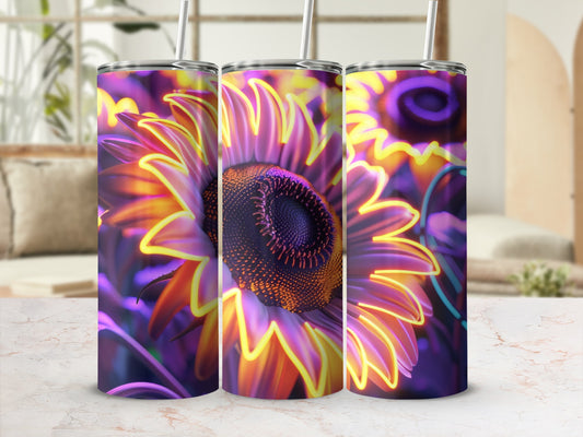 Three tumblers with a neon sunflower design.
